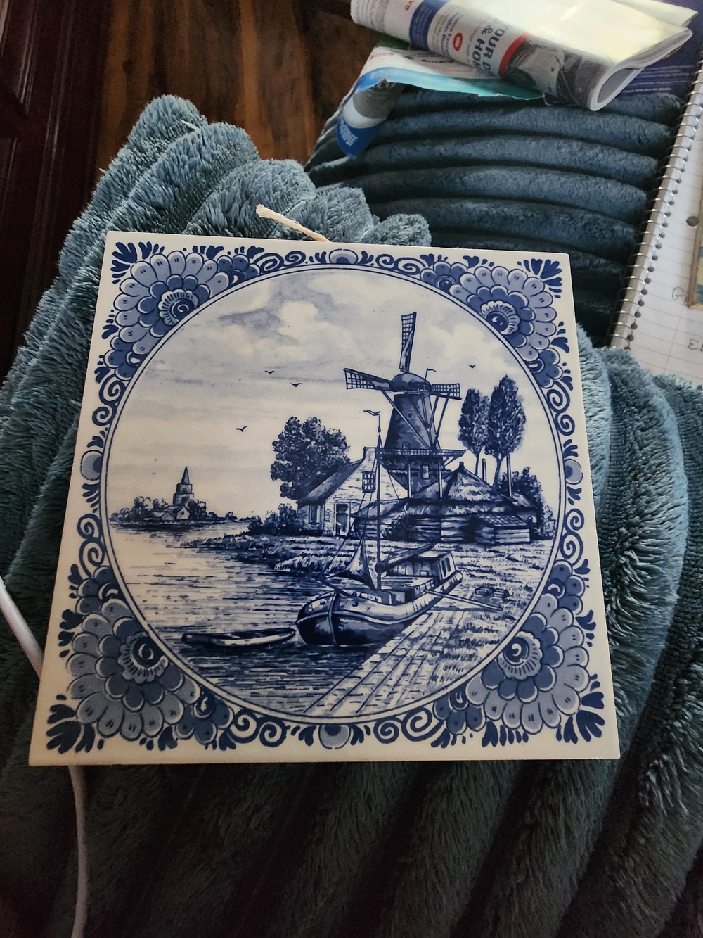 Blue Delft-Style Ceramic Wall Tile with Windmill Scene